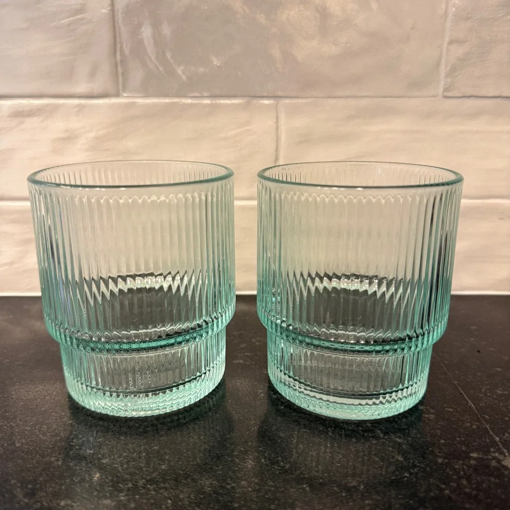 Jonathan Adler Biba Glasses Unisex 13oz Mint Green Ribbed Tiered Set of 2